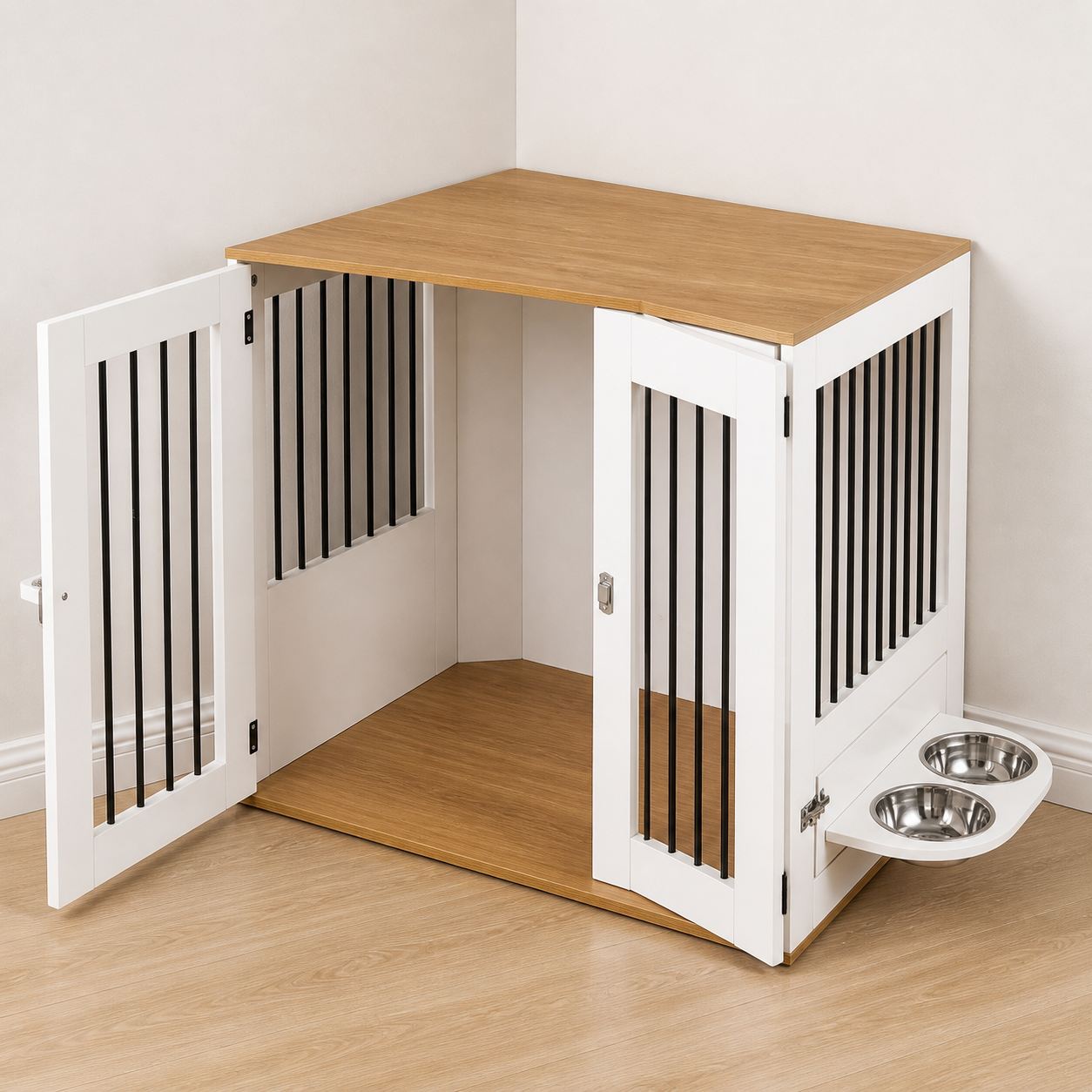 Corner dog crate with both front doors open