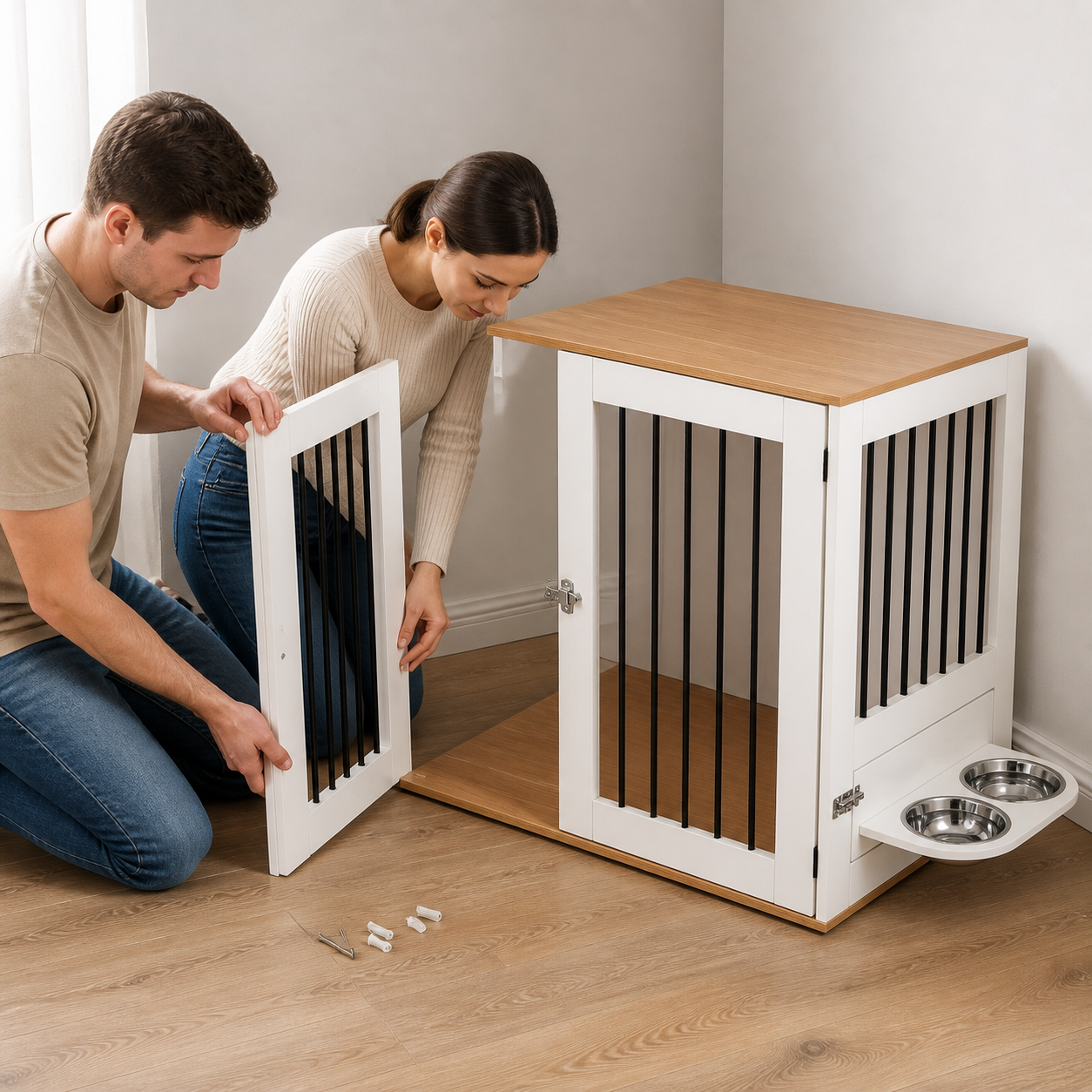 Two adults assembling a side panel onto the corner crate