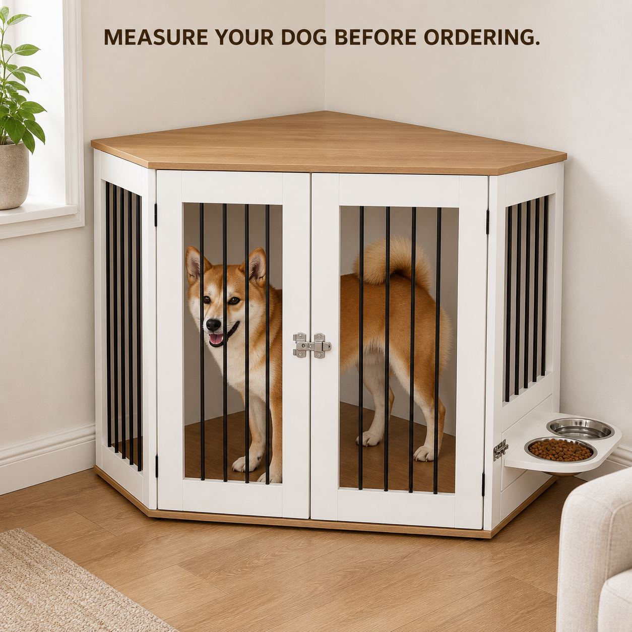 Dog standing inside the corner crate for a fit check