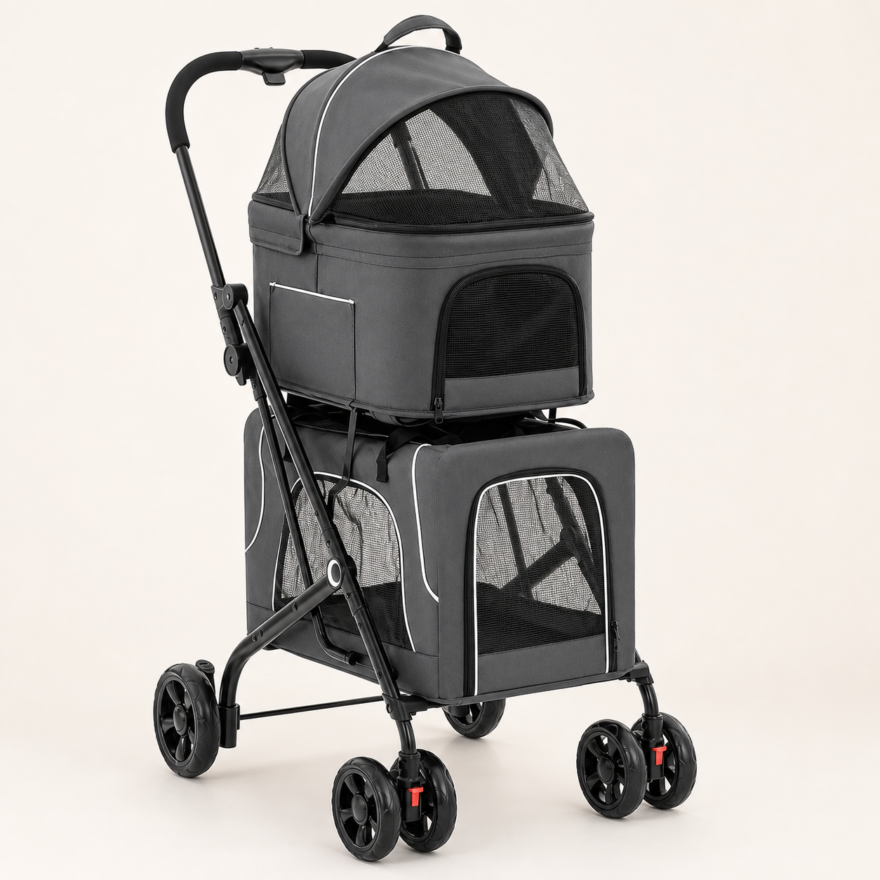 Double-decker pet stroller with two separate carriers