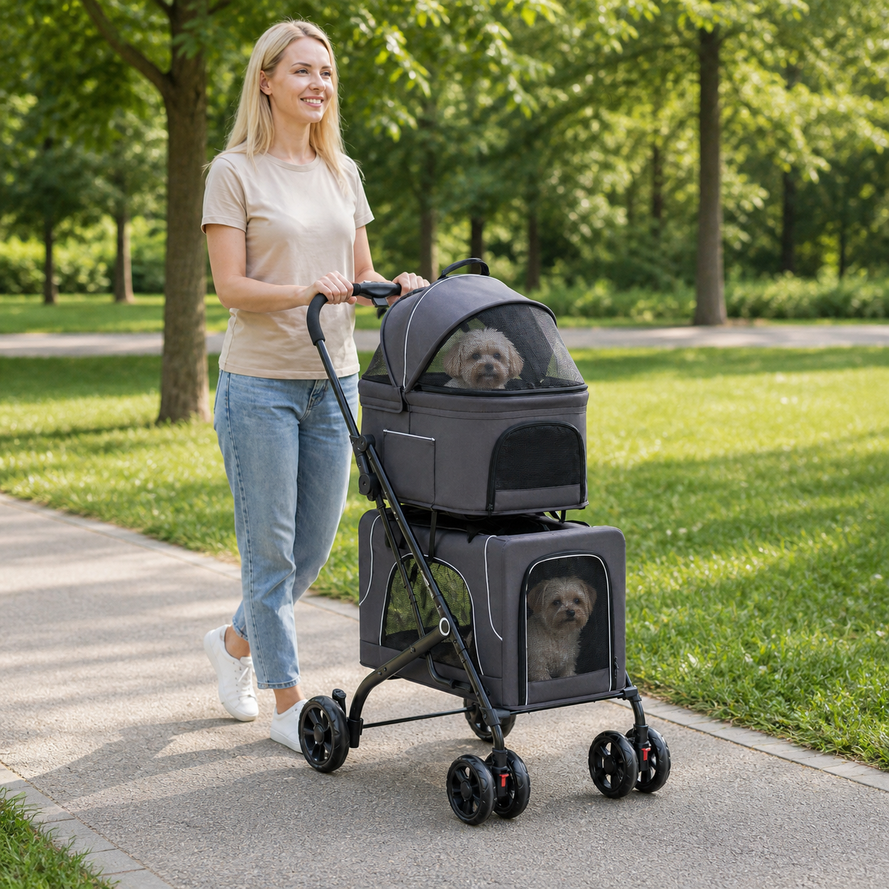 Adult walking the two-tier pet stroller in a park