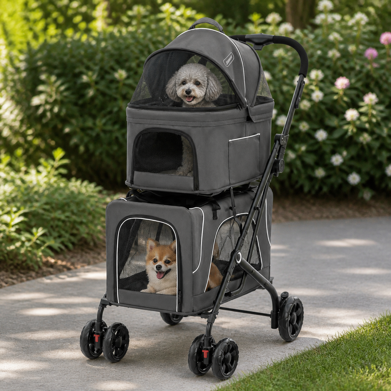 Two small pets travelling in separate stroller compartments