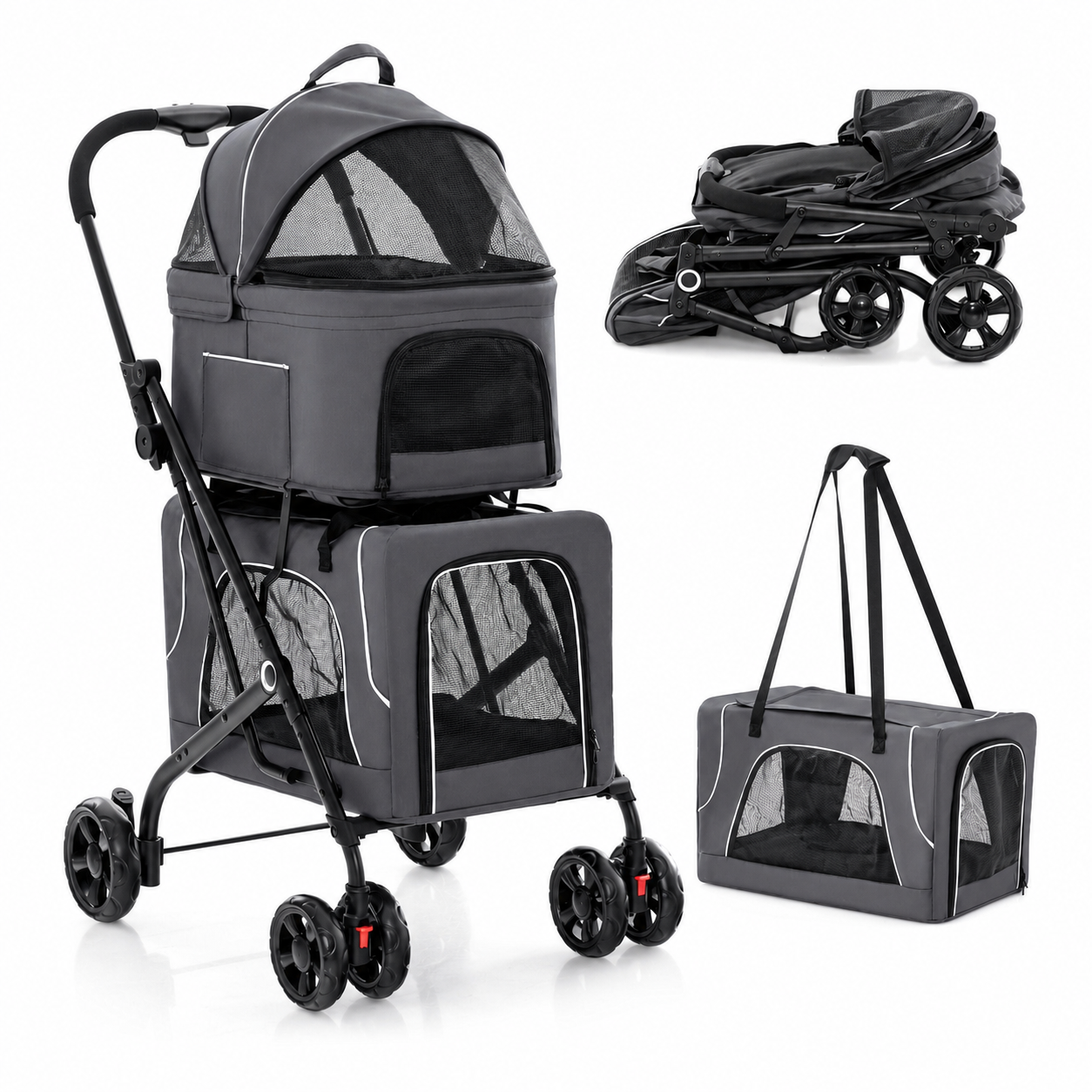 Double-decker stroller frame and detachable carrier components