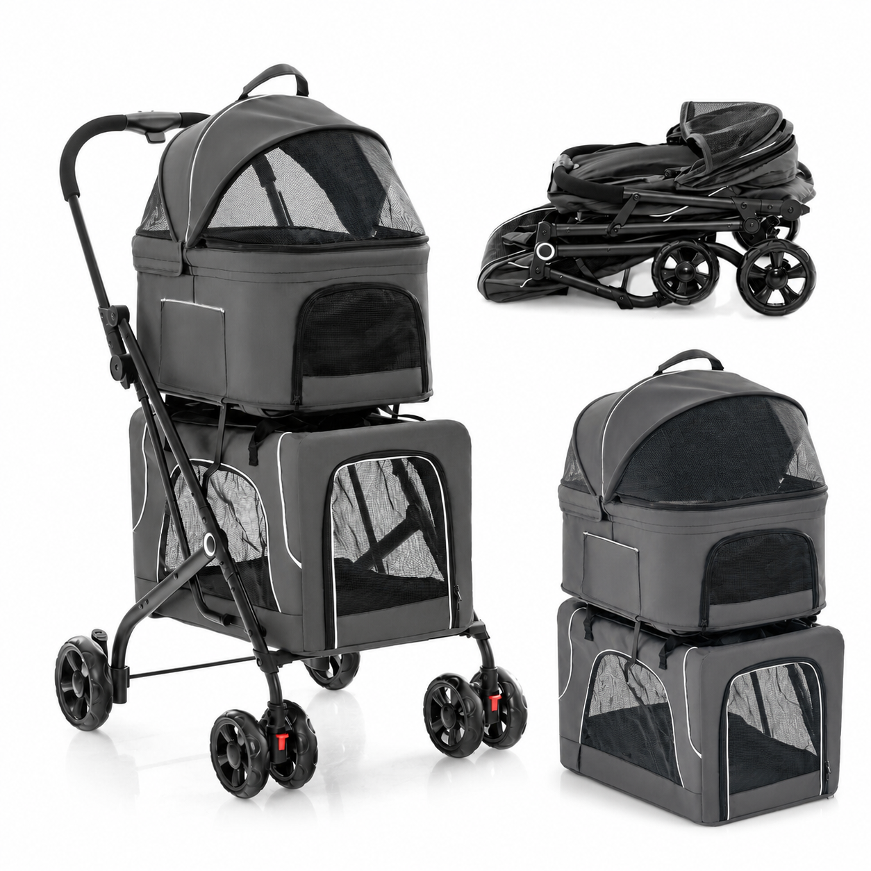 Stroller frame folded beside the two detached carriers