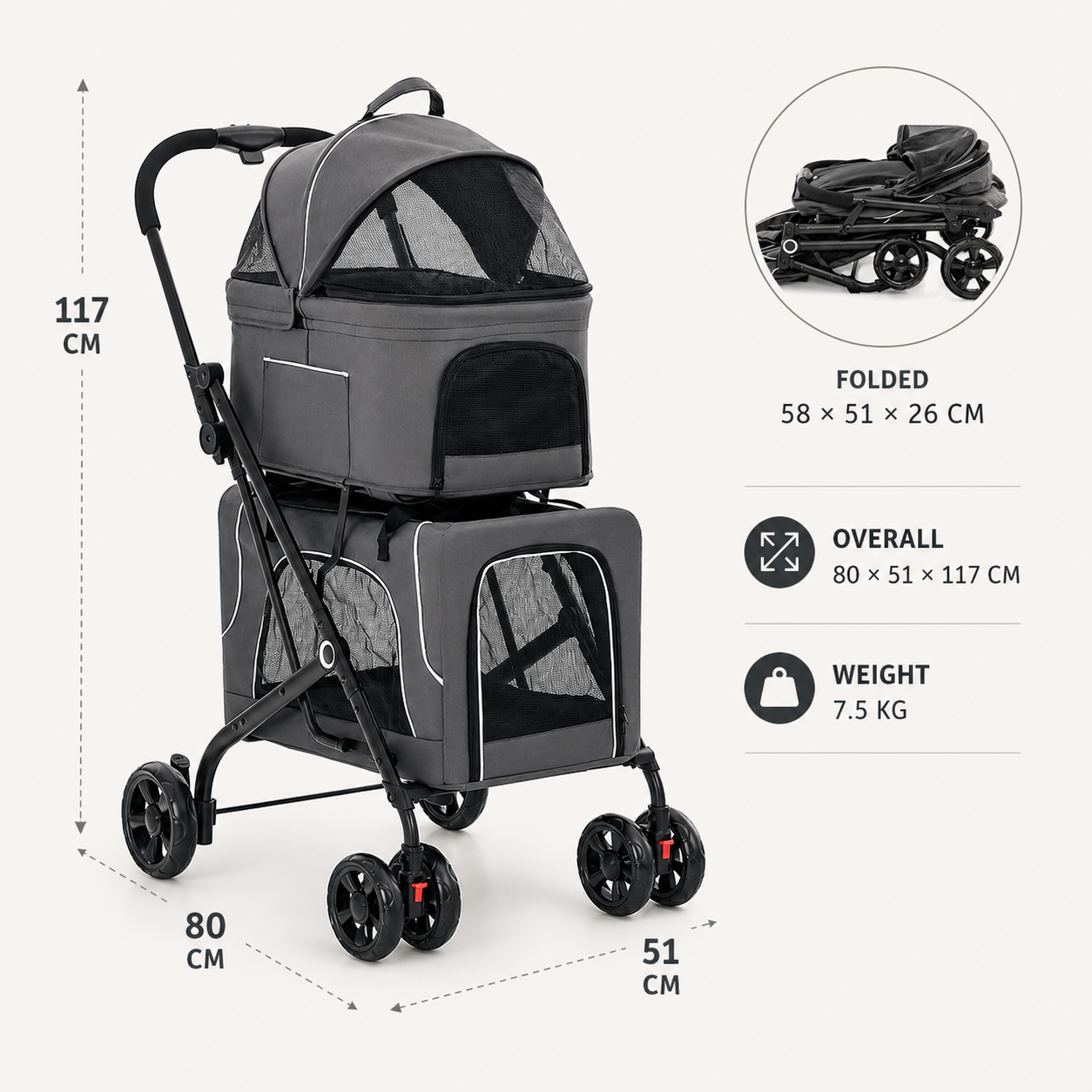 Double-decker stroller overall, folded size and weight