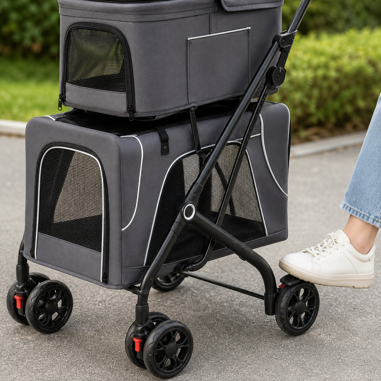 Front swivel wheels and rear parking-brake control