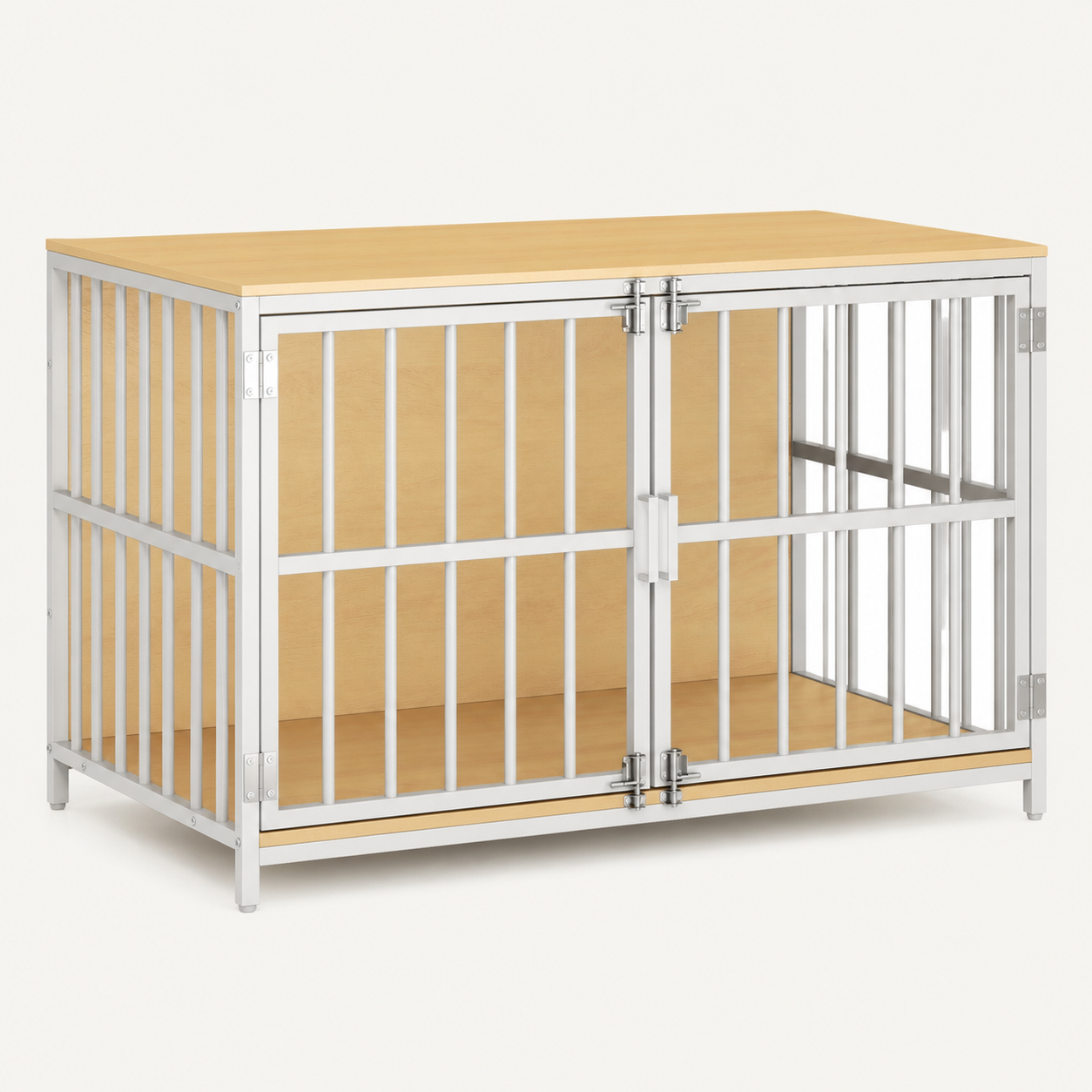 White and pale-wood double-door dog crate furniture