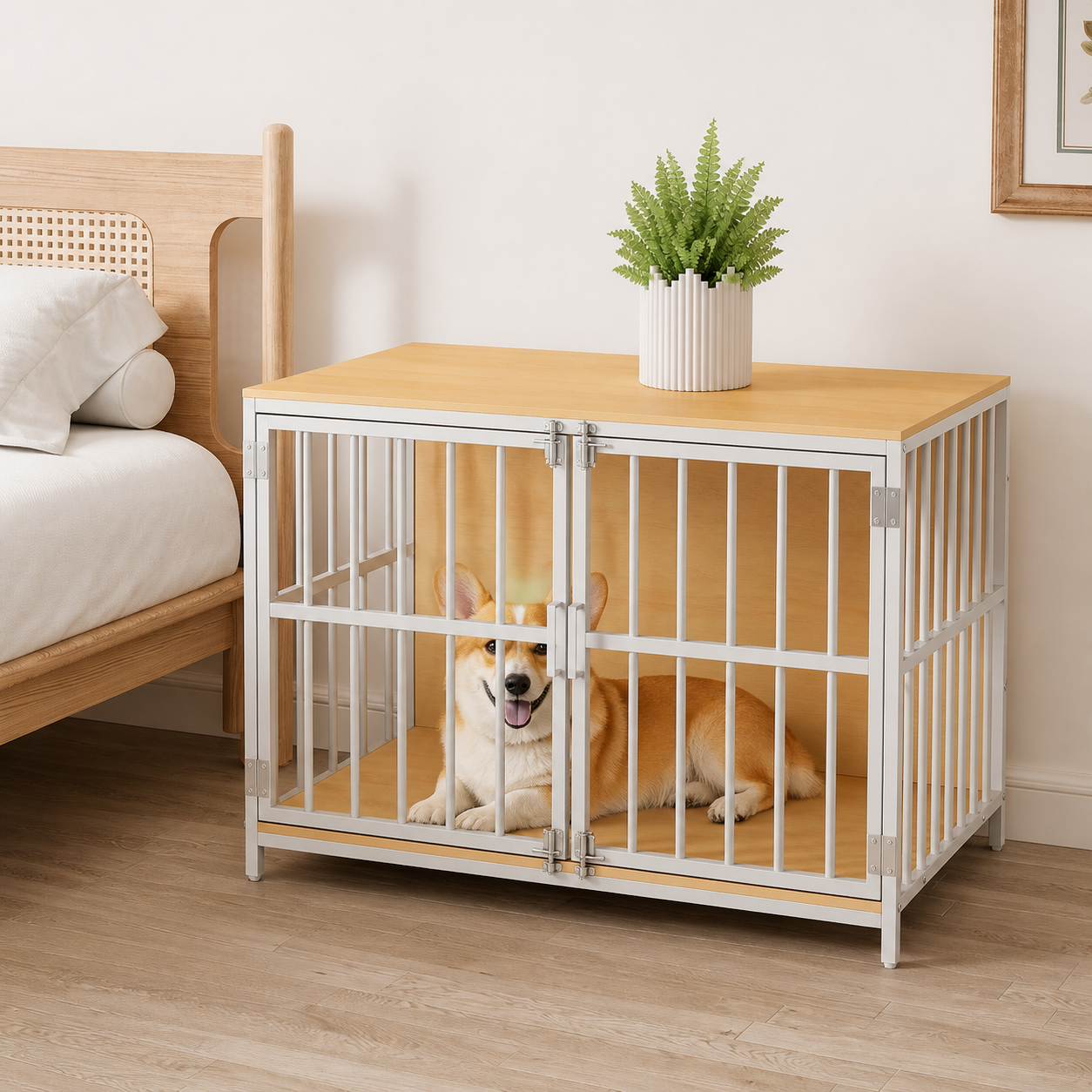 Dog resting inside the double-door crate beside a bed