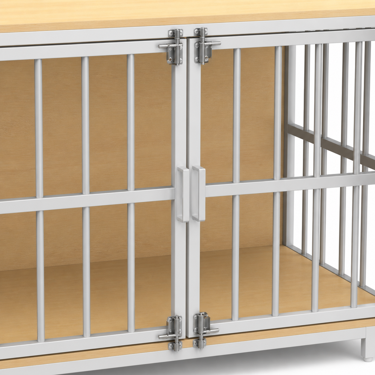 Door latches and thick silver-grey crate bars