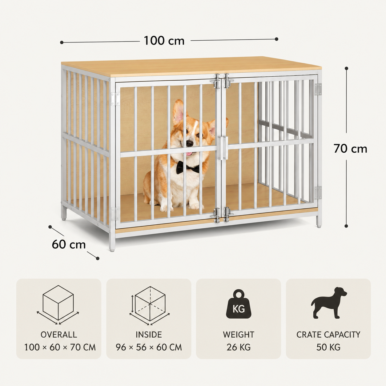 Dog crate outside, inside, weight and capacity measurements