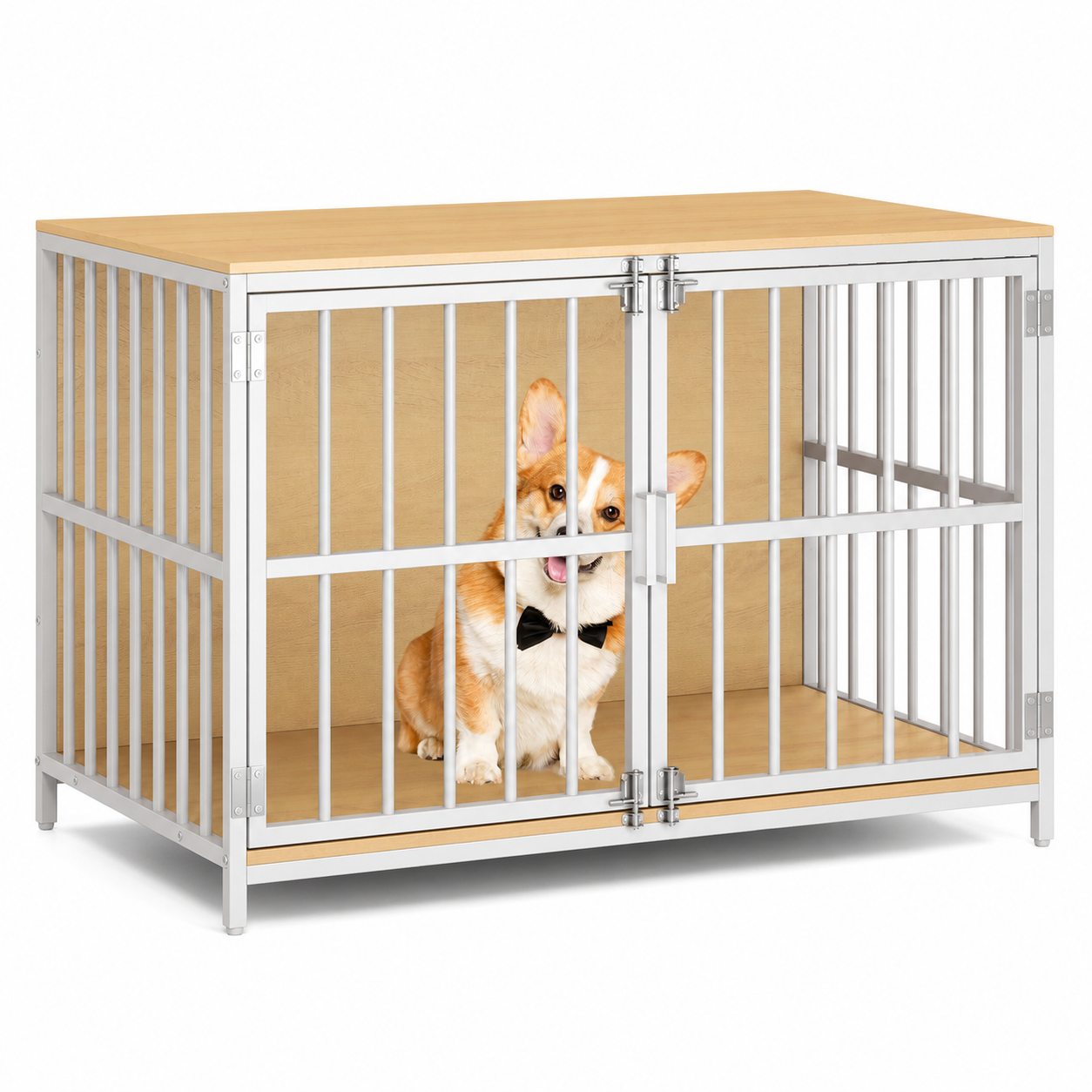 Pale wood-effect top, white frame and metal bars