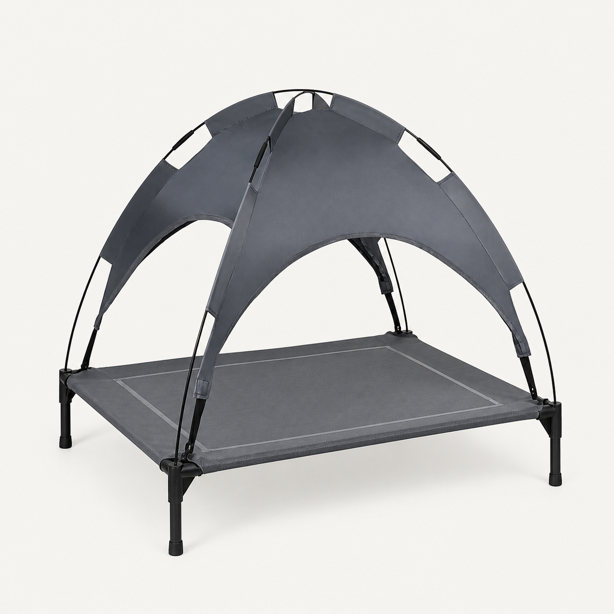 Large grey elevated outdoor dog bed with canopy