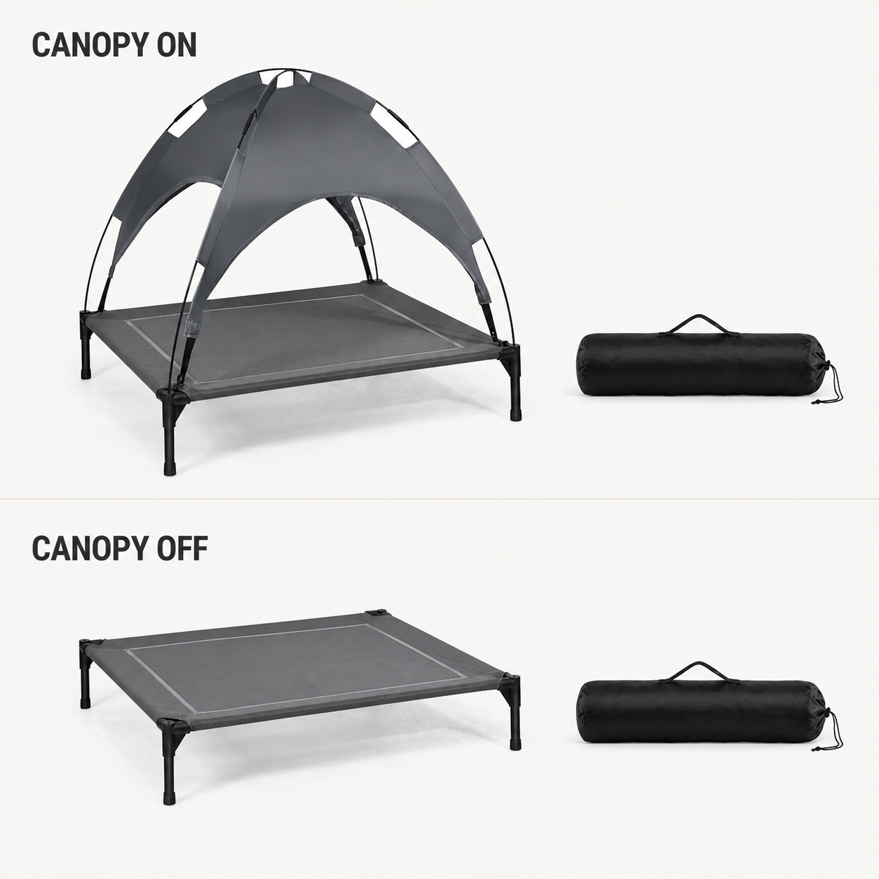 Elevated dog bed shown with and without its canopy