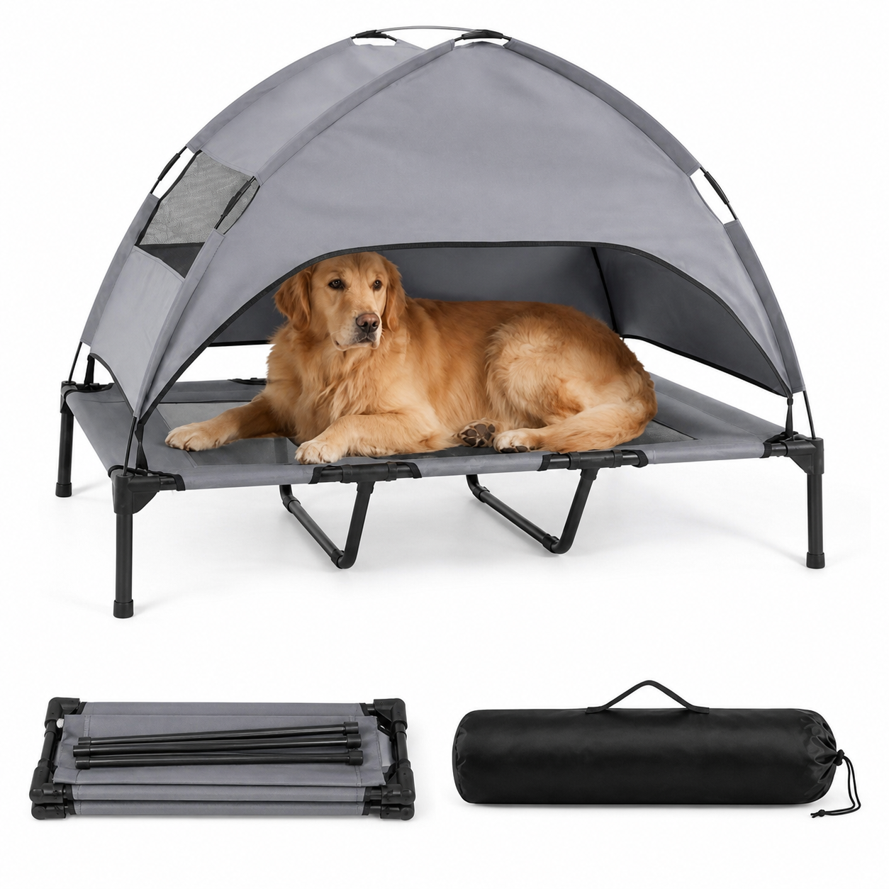 Elevated bed packed down beside its carry bag