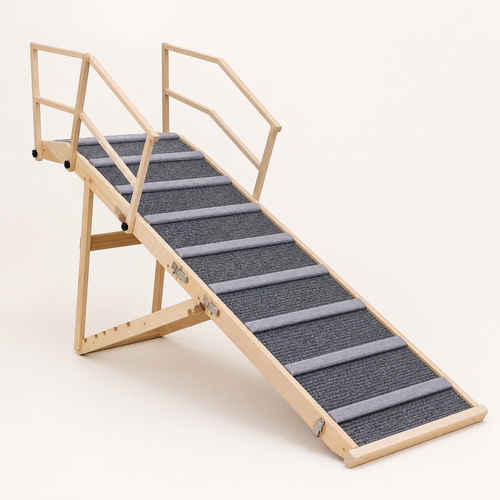 Adjustable wooden dog ramp with landing and side rails