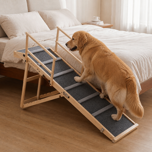 Dog using the adjustable ramp to reach a bed