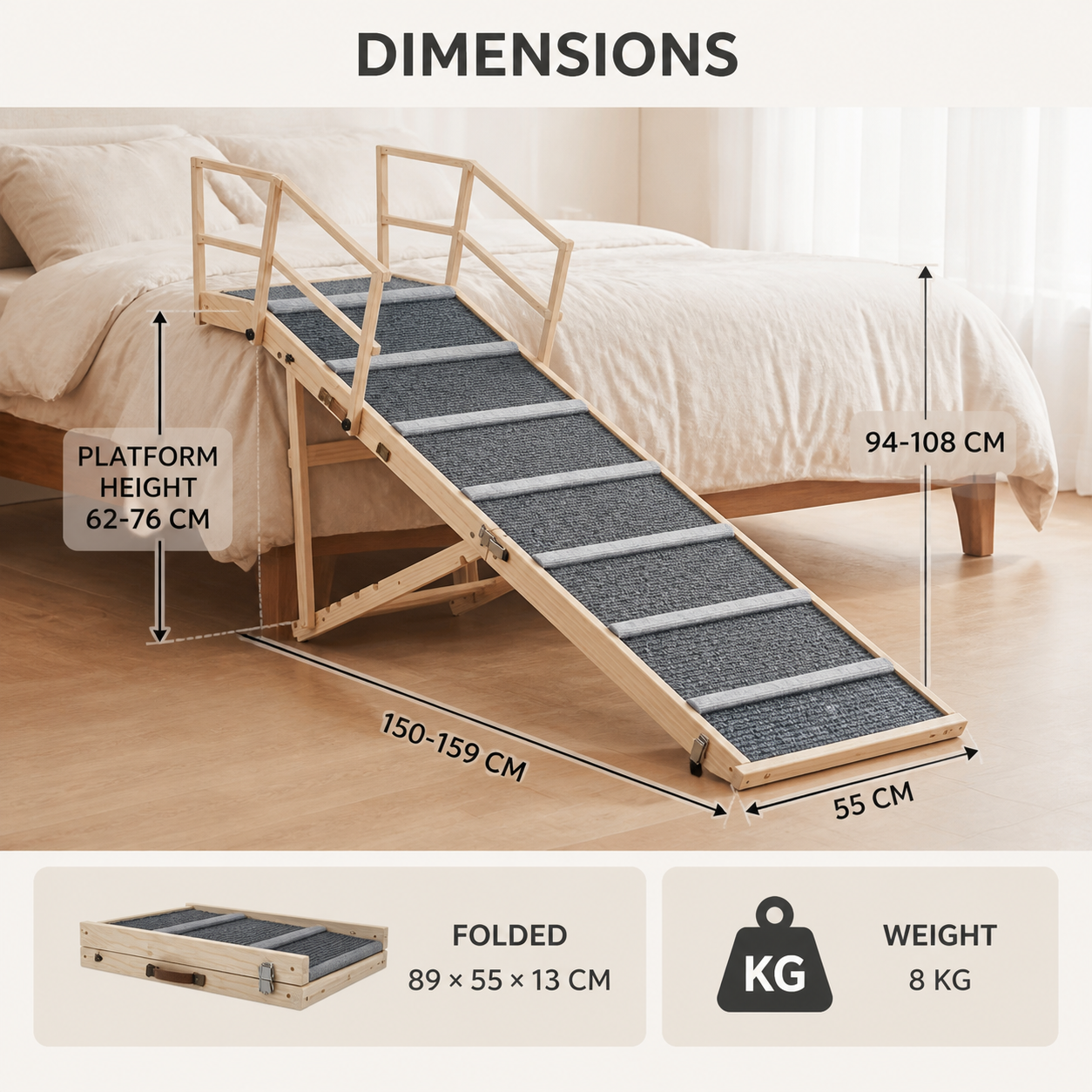 Adjustable dog ramp dimensions, folded size and weight