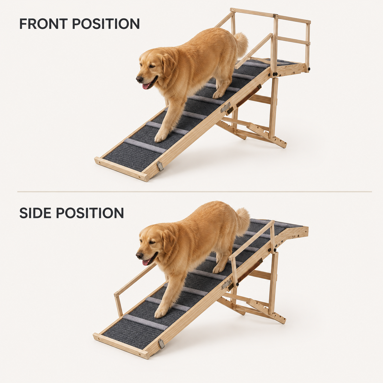 Dog ramp shown with front and side rail positions