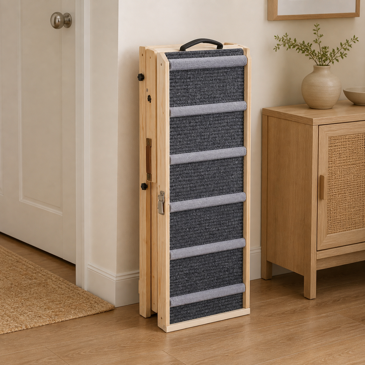 Wooden dog ramp folded upright for compact storage