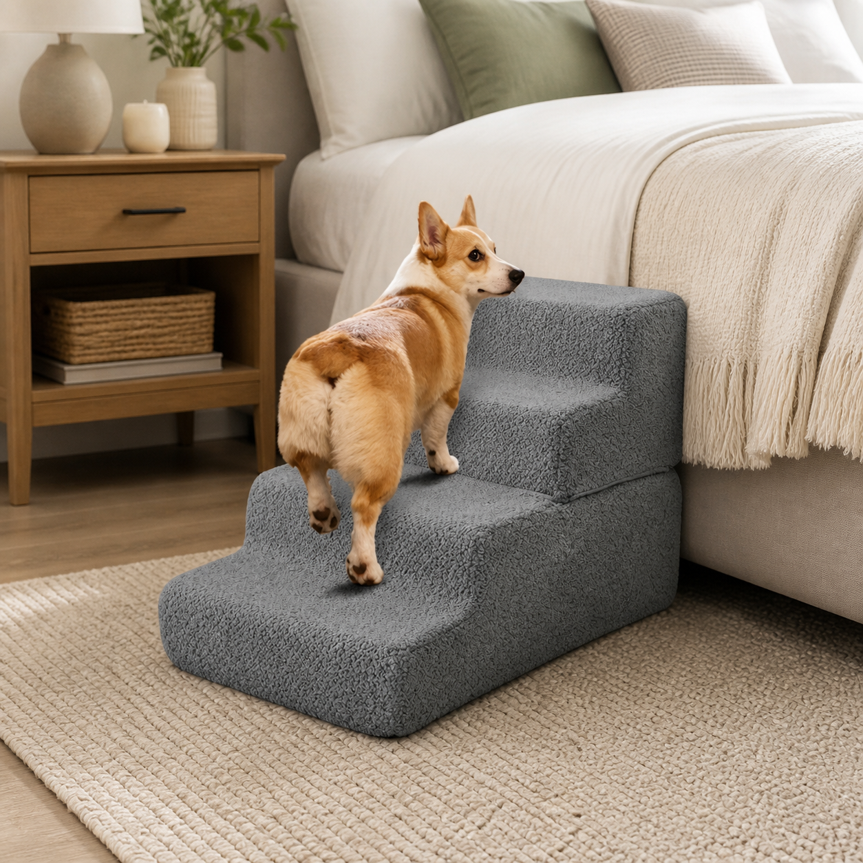 Small dog using the foam stairs beside a bed