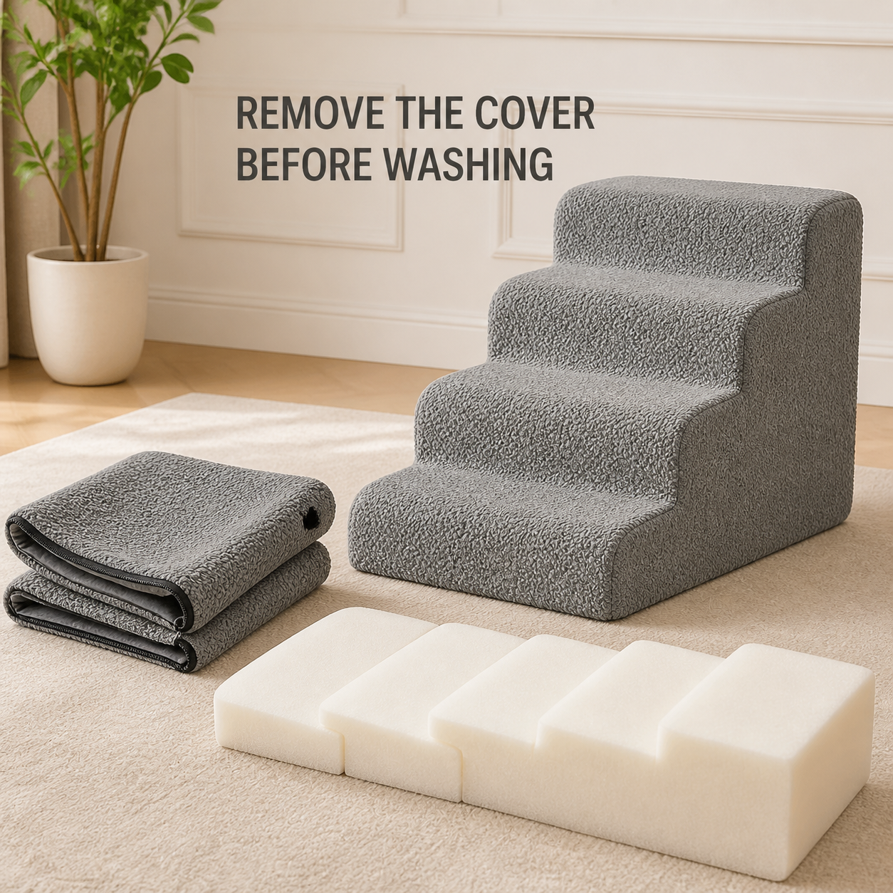 Removable grey stair cover separated from the foam sections