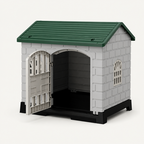 Grey and green collapsible pet shelter with front door