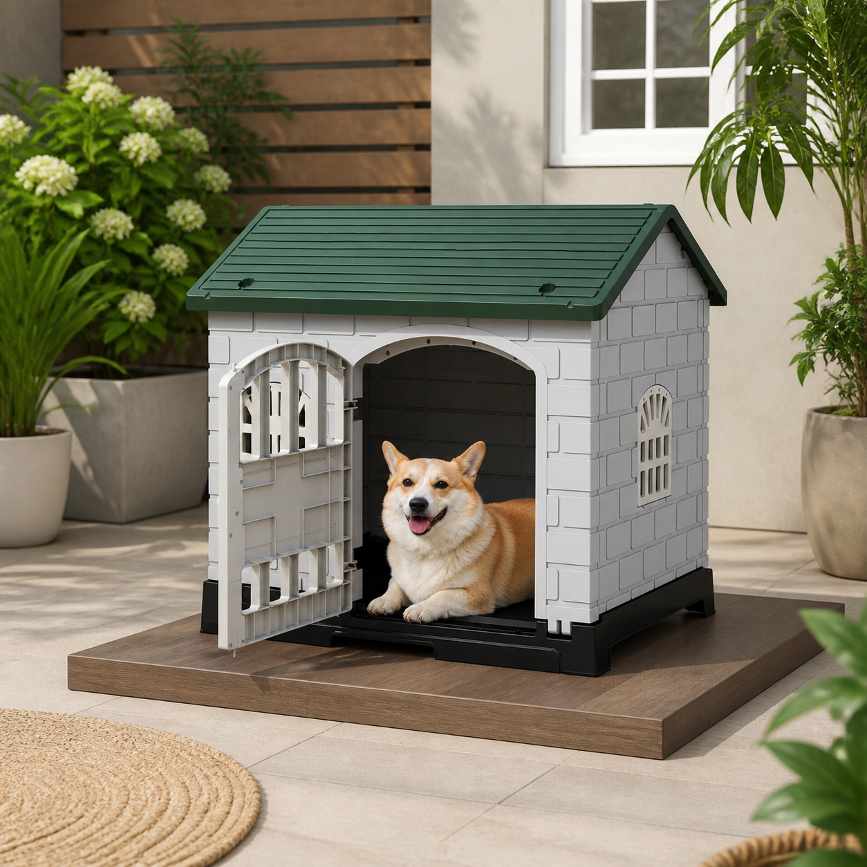 Small dog resting inside the pet shelter on a garden patio