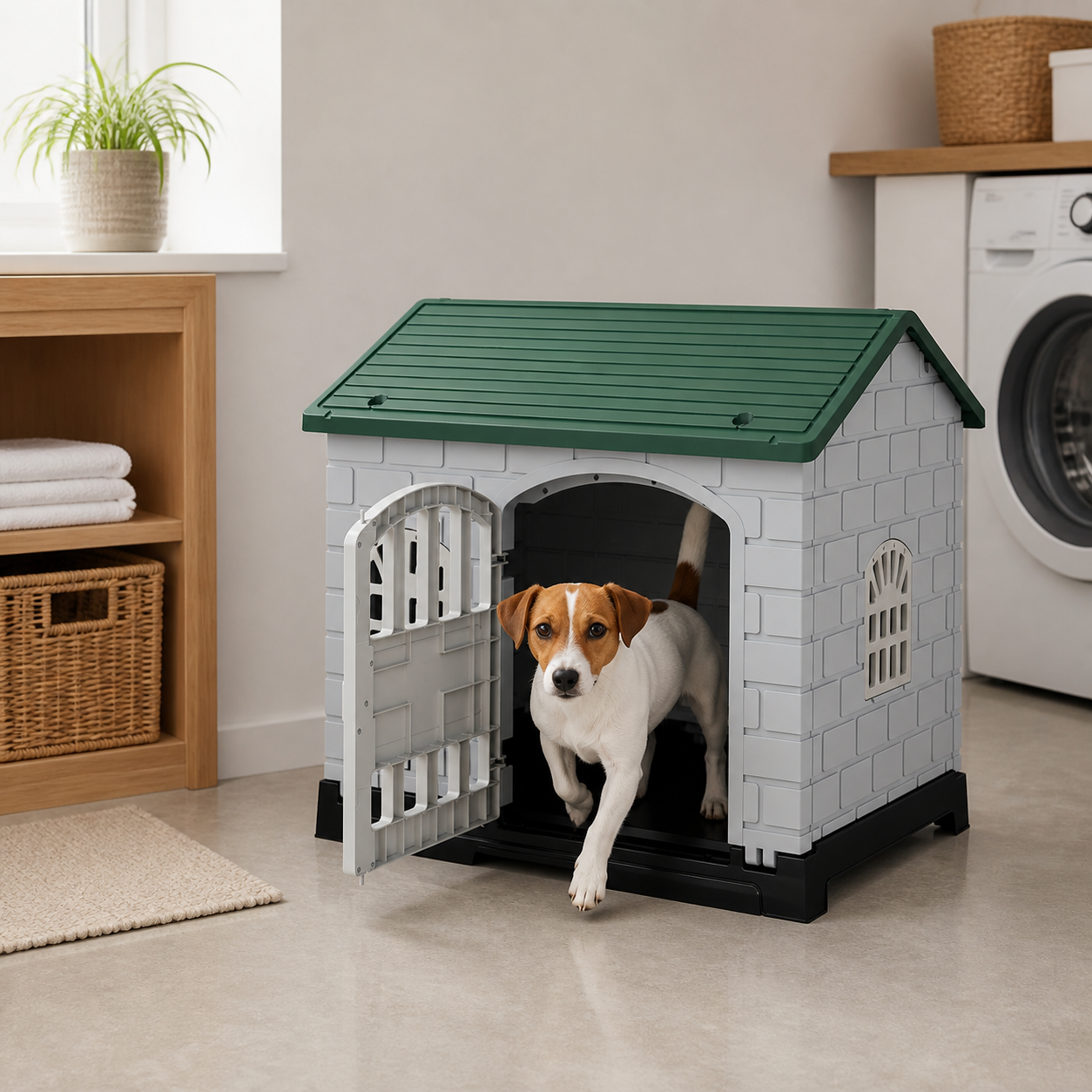 Small dog entering the pet shelter in a utility room