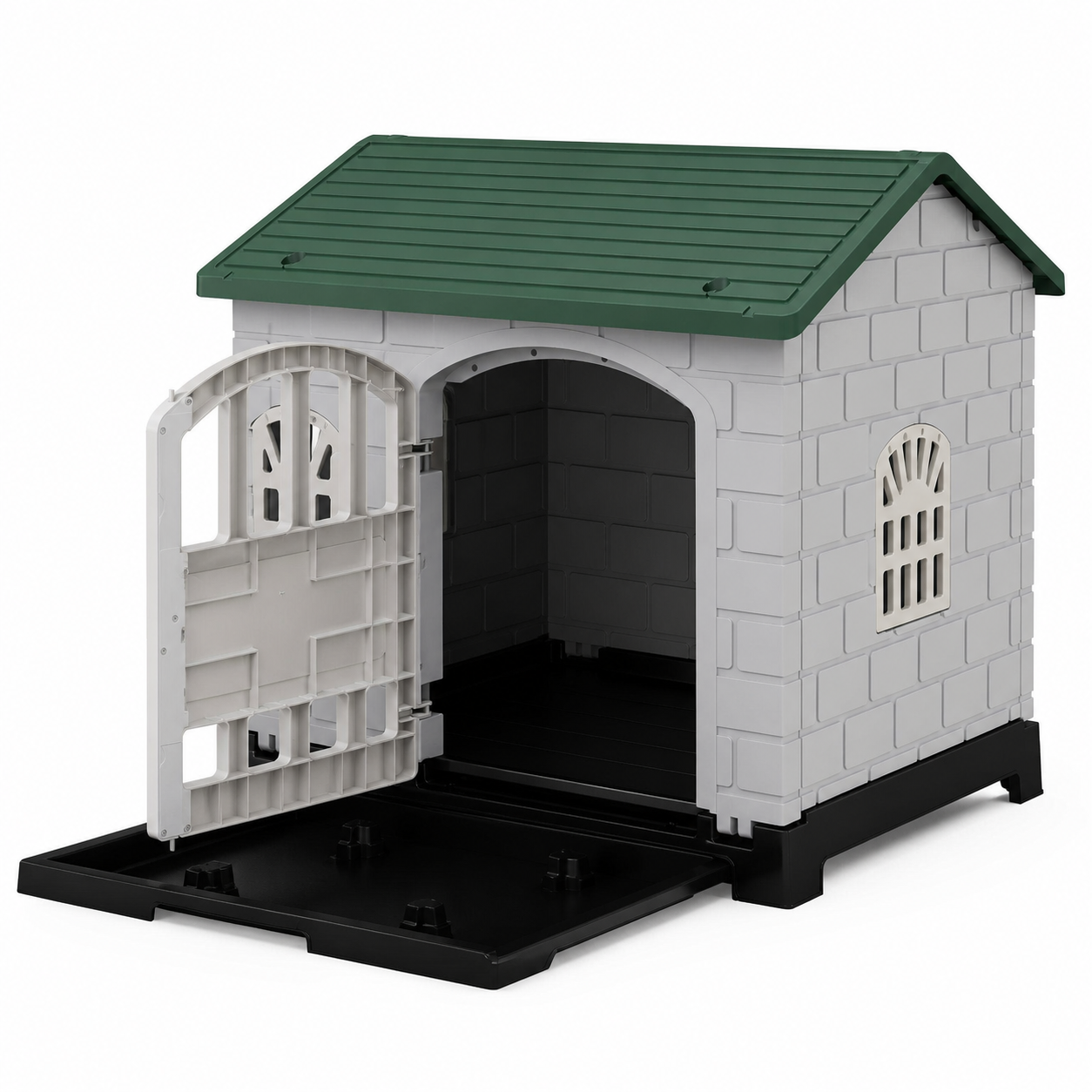 Black floor tray pulled forward from the pet shelter