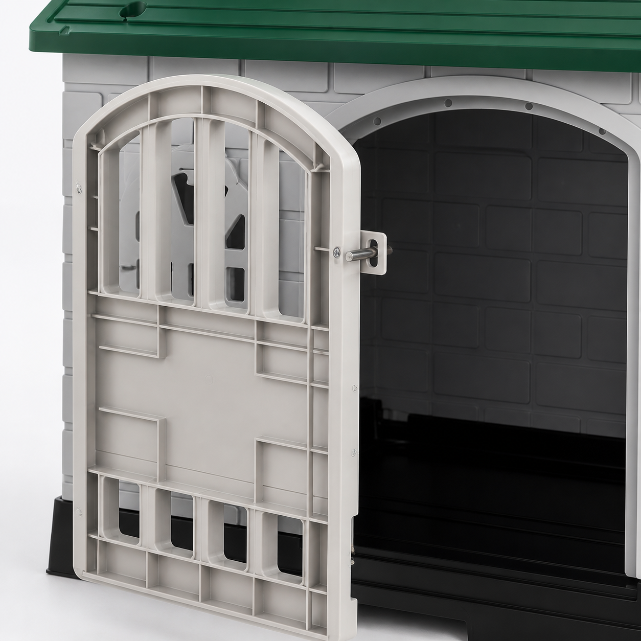 Grey barred front door and lock point on the shelter