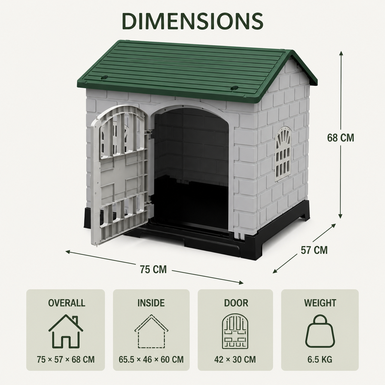 Pet shelter outside, inside and door dimensions