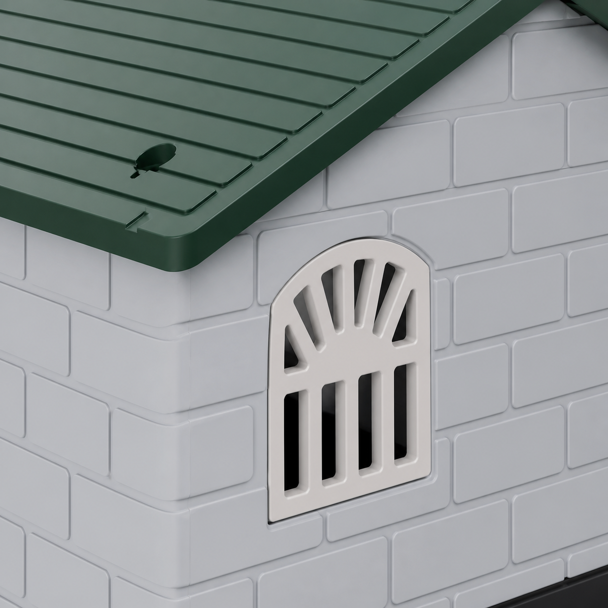Arched side window and green roof drainage grooves