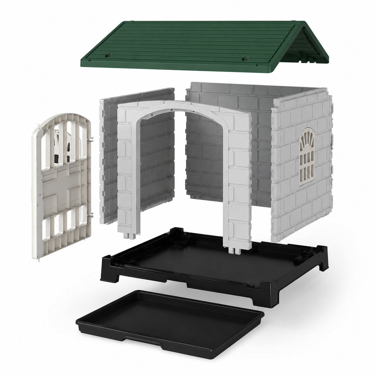Pet shelter roof, wall panels, base and tray separated