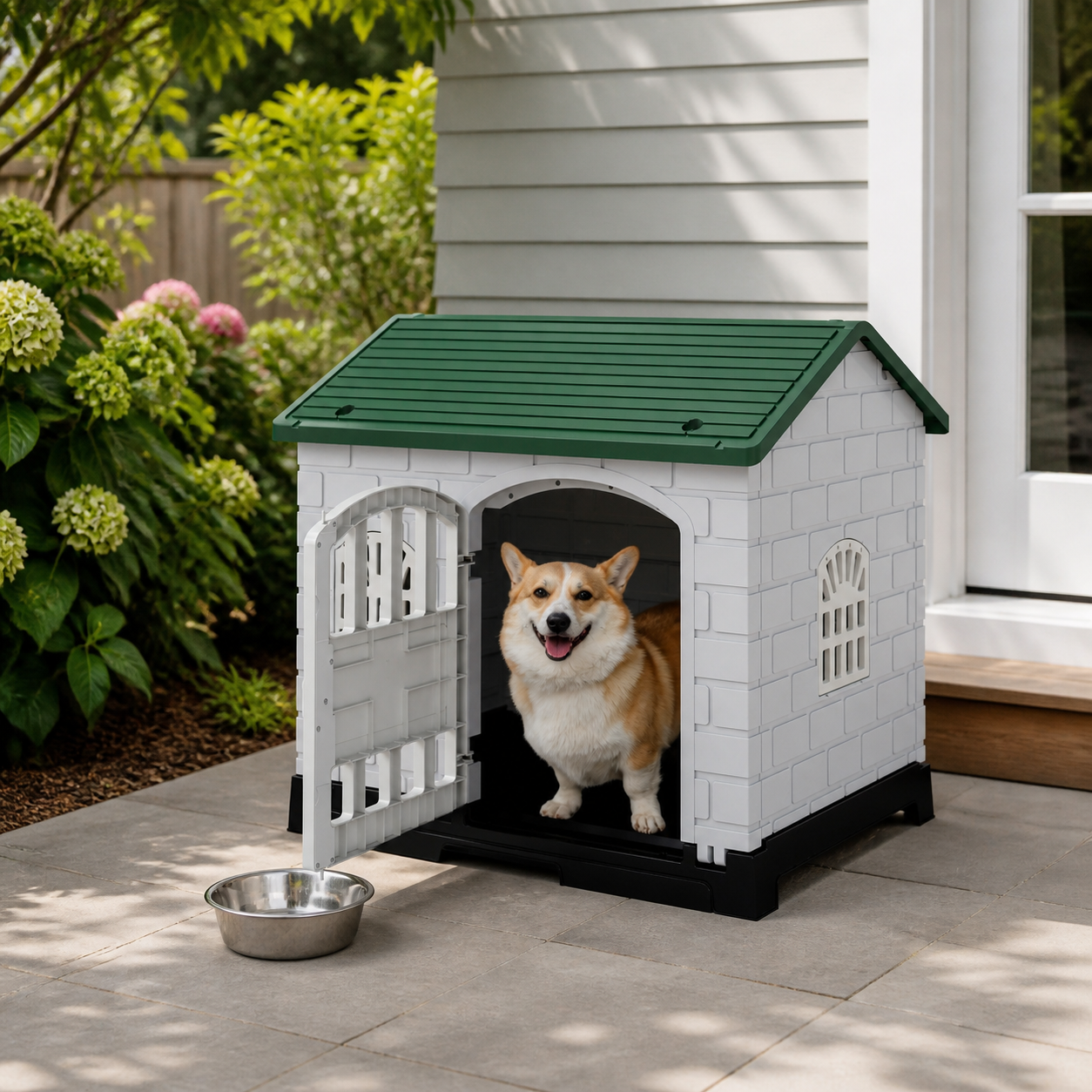 Pet shelter positioned in shade with fresh water nearby