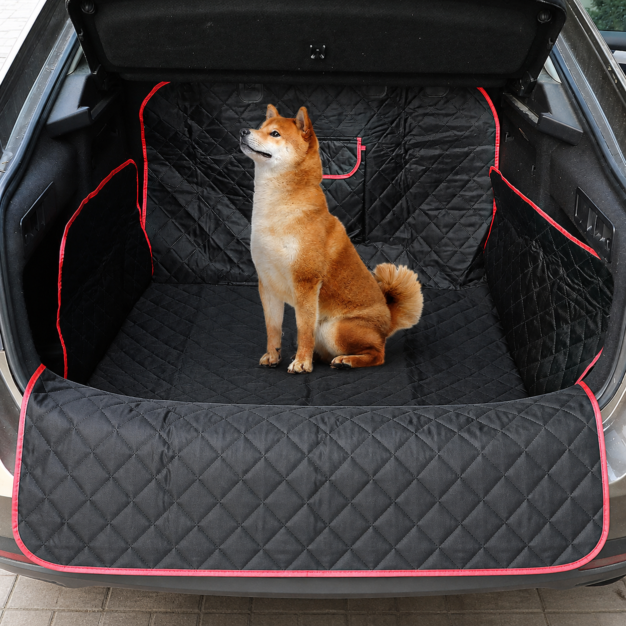 Dog sitting inside a car boot protected by the liner