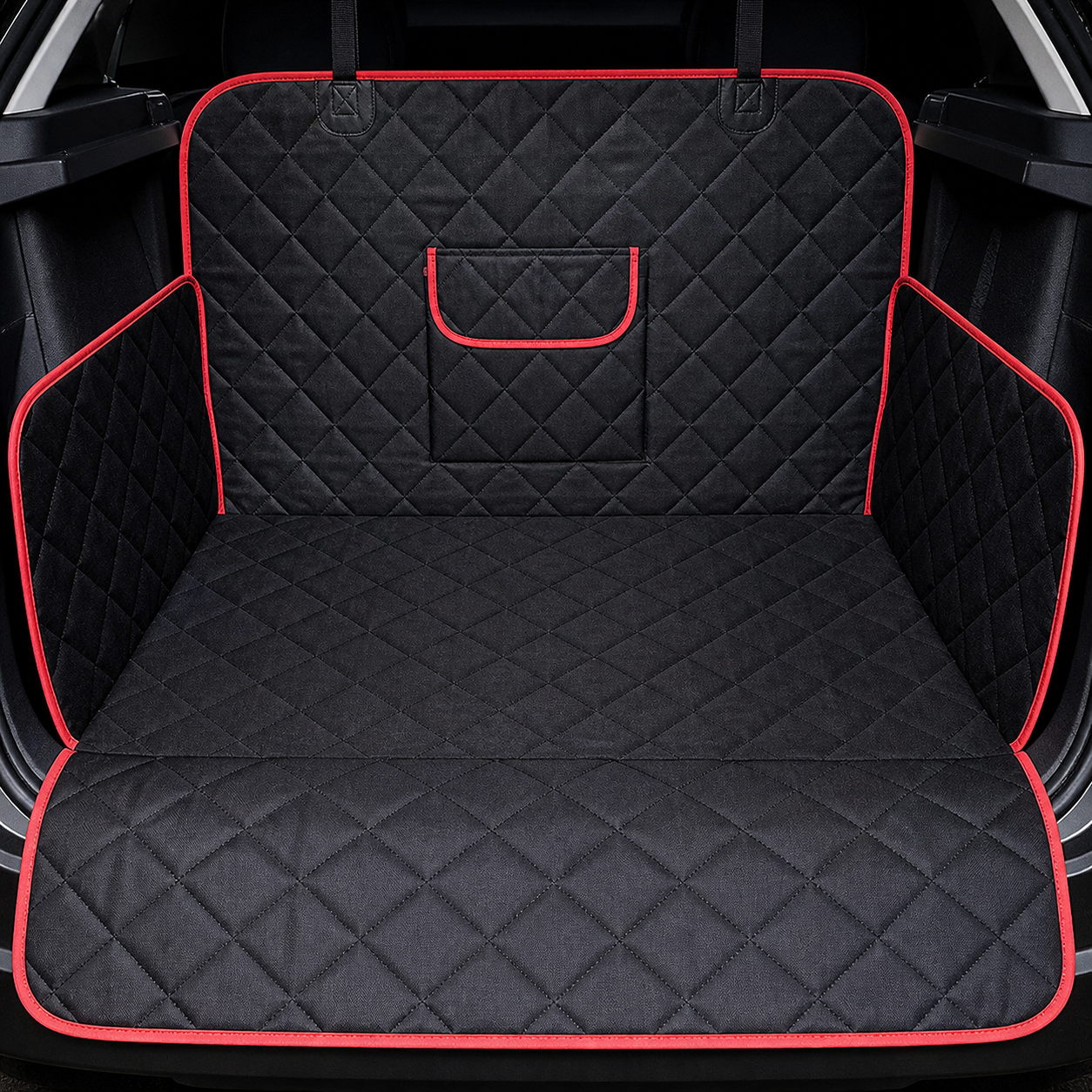 Black diamond quilting and narrow red edge piping