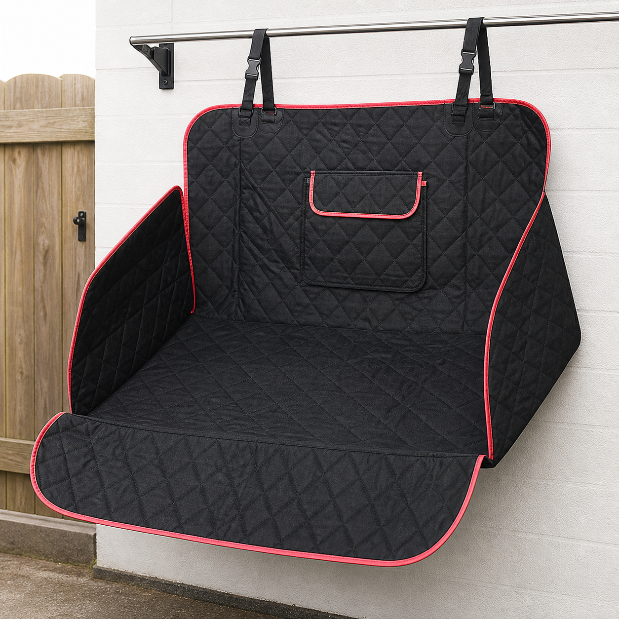 Car boot liner hung open to air dry