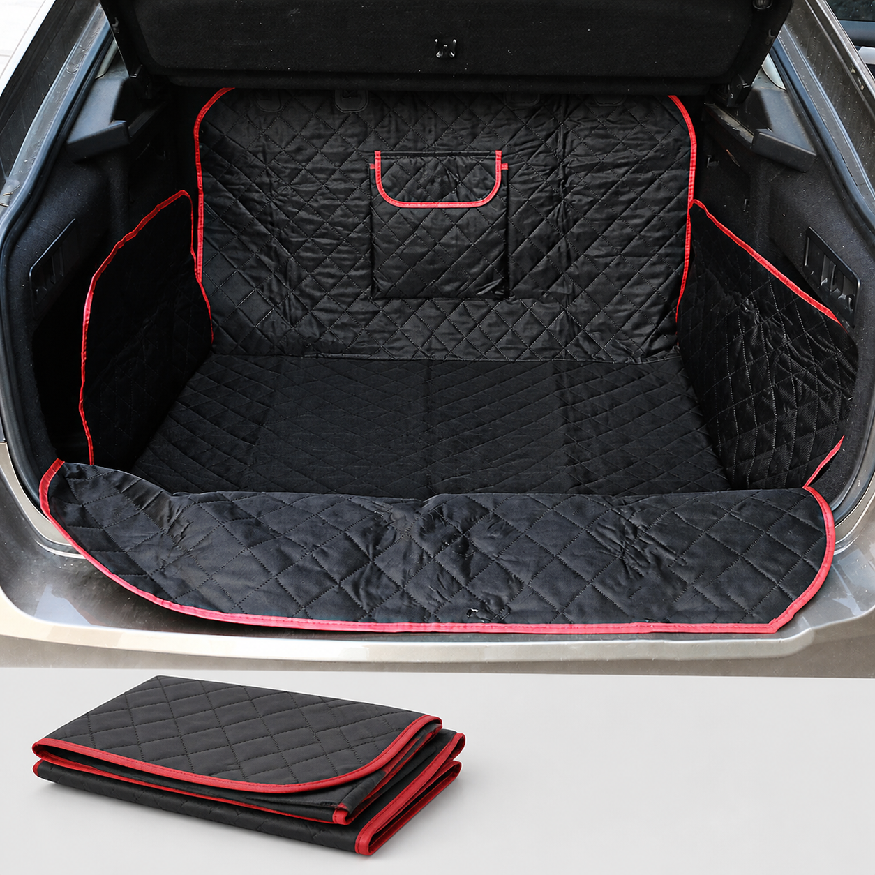 Black boot liner folded beside an open vehicle boot
