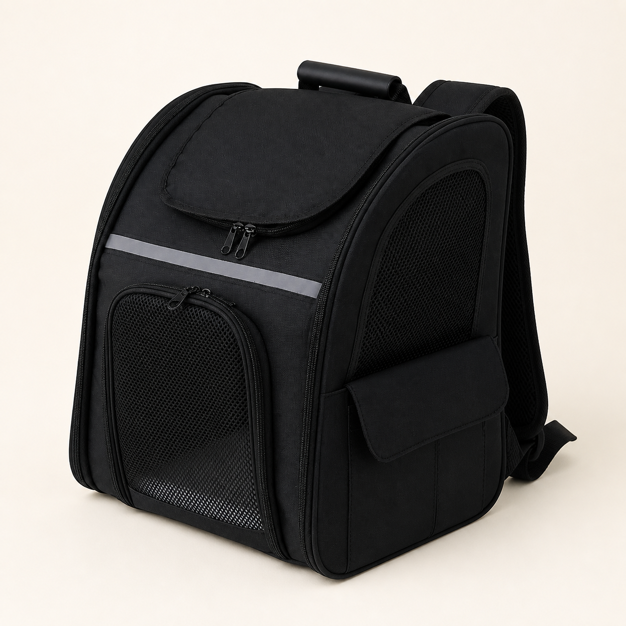 Black structured expandable pet carrier backpack