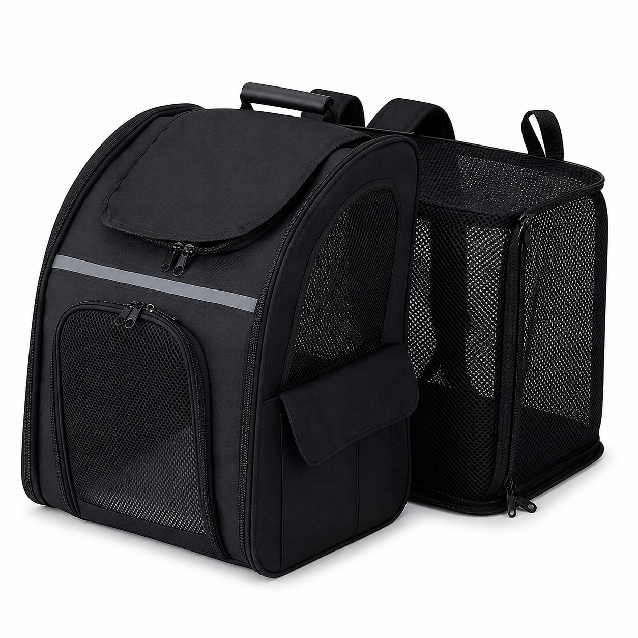 Pet carrier backpack with rear mesh compartment expanded