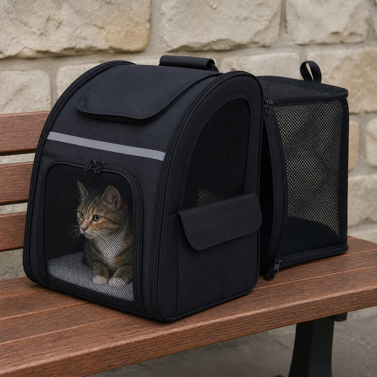Cat resting inside the expanded carrier backpack