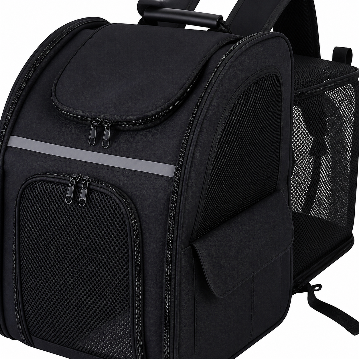 Black mesh, reflective strip, zips and reinforced seams