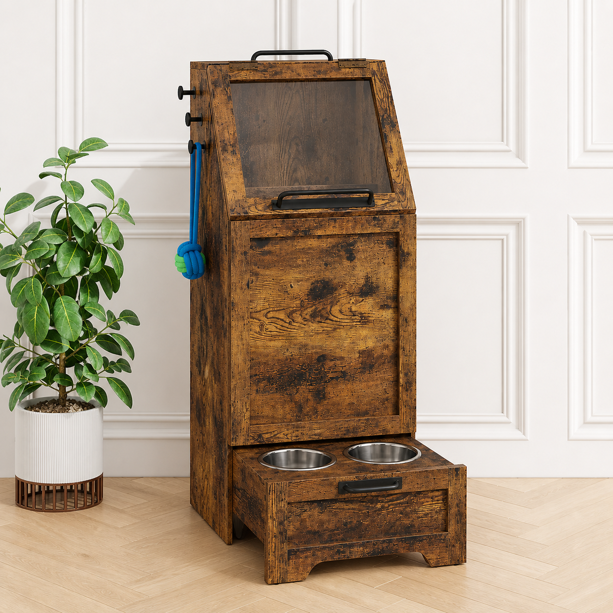 Rustic brown dog feeding and storage cabinet with two bowls