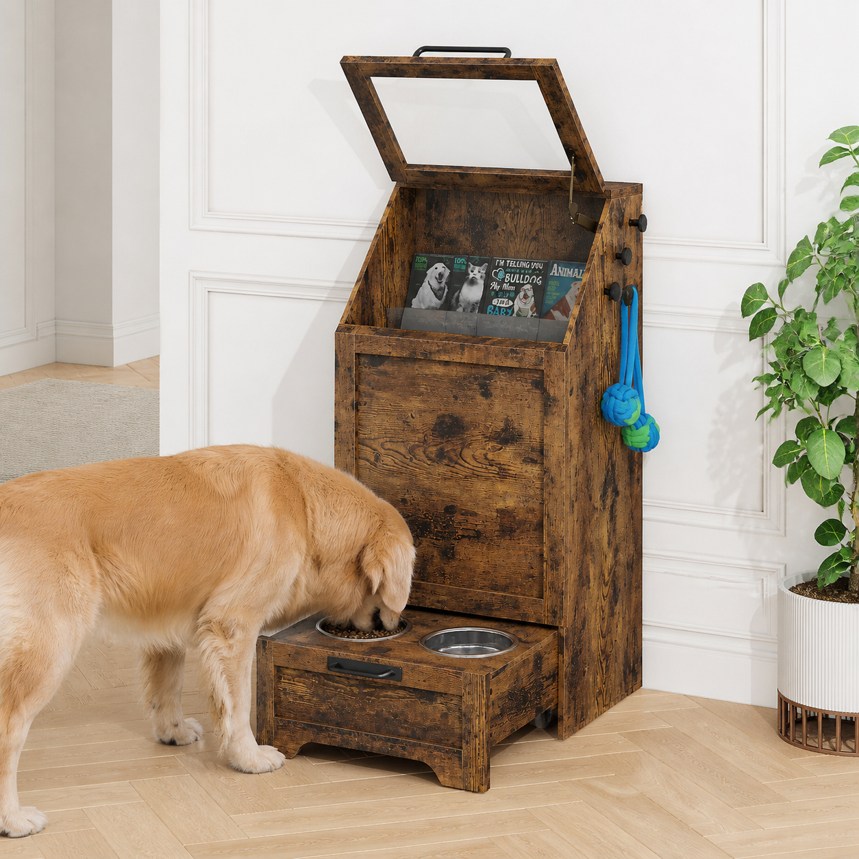 Dog eating from one of the cabinet's raised bowls