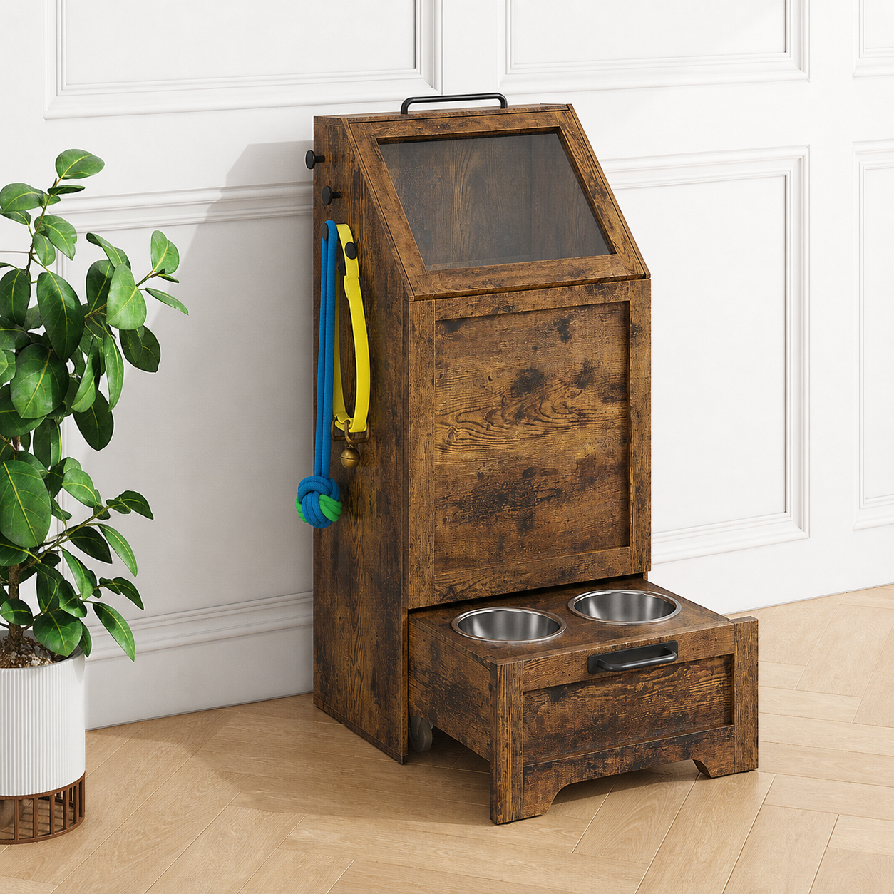 Cabinet side hooks holding a lead and accessory