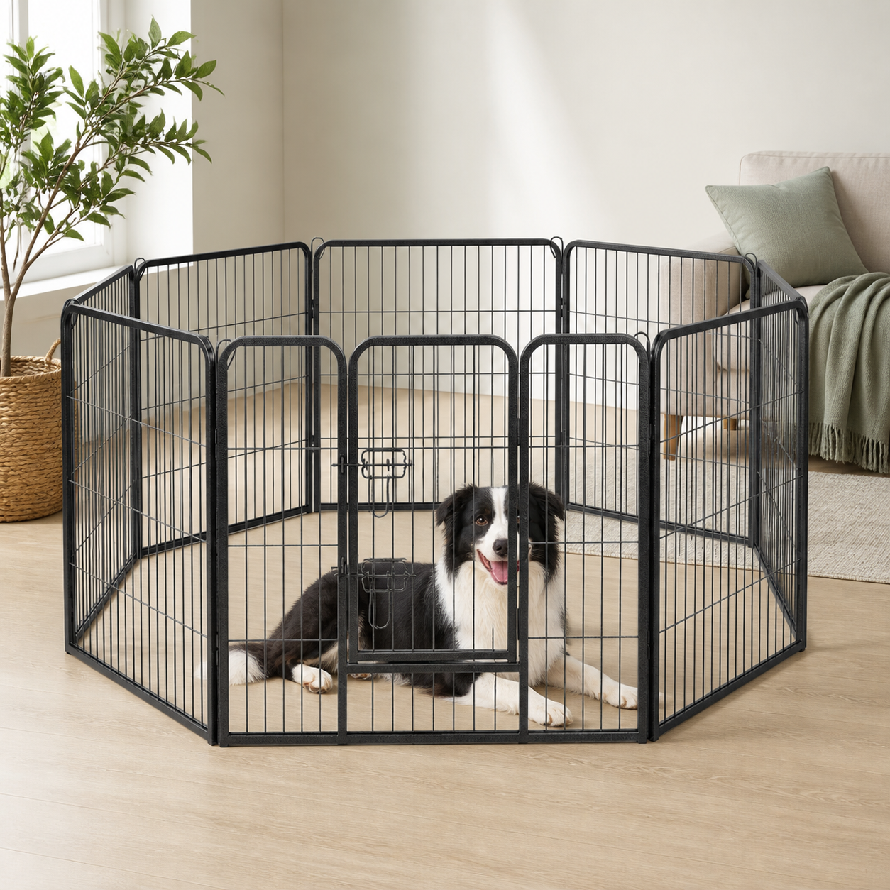 Eight-panel black dog playpen