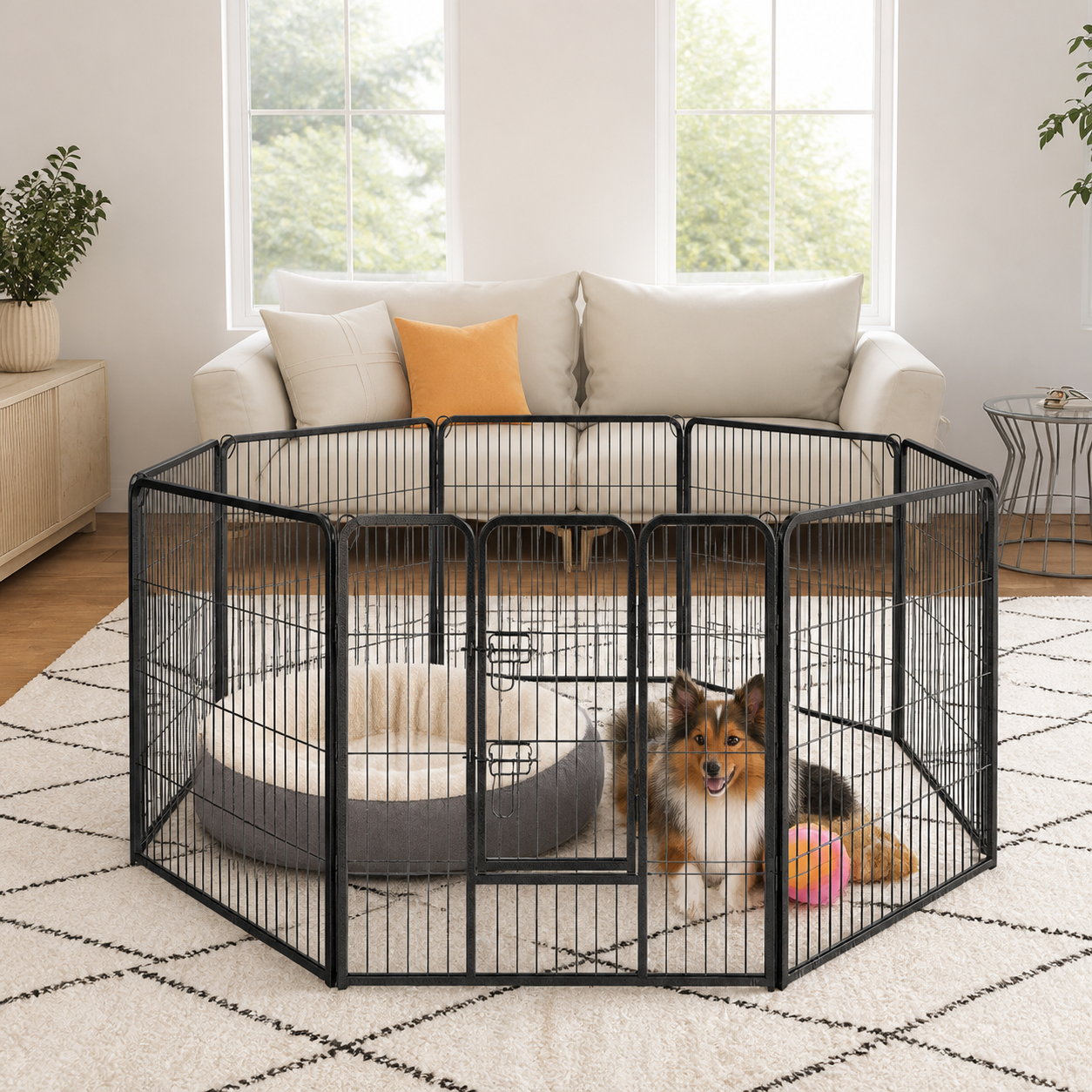 Dog playpen arranged in a living room