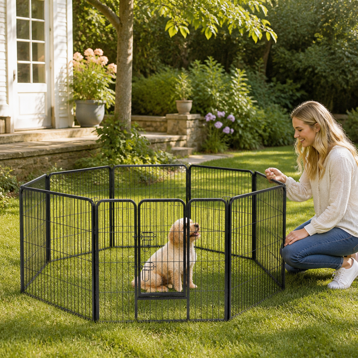 Dog playpen in a supervised garden setting