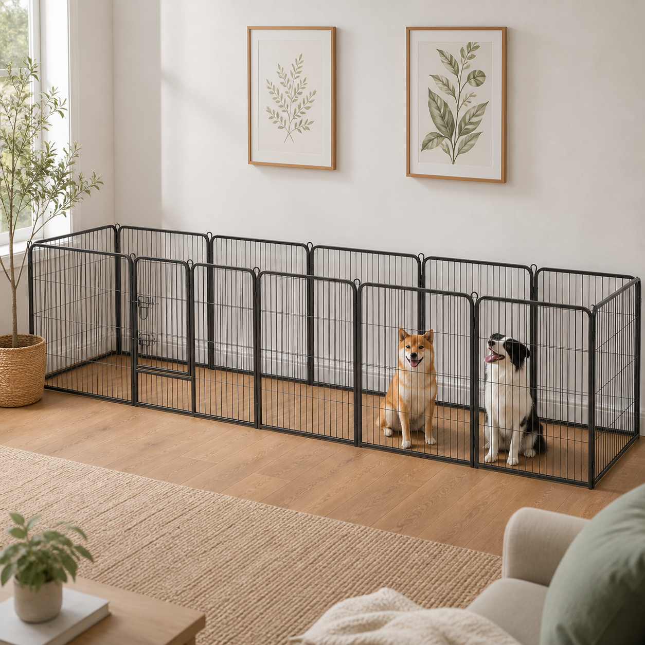 Dog playpen in wide rectangular layout