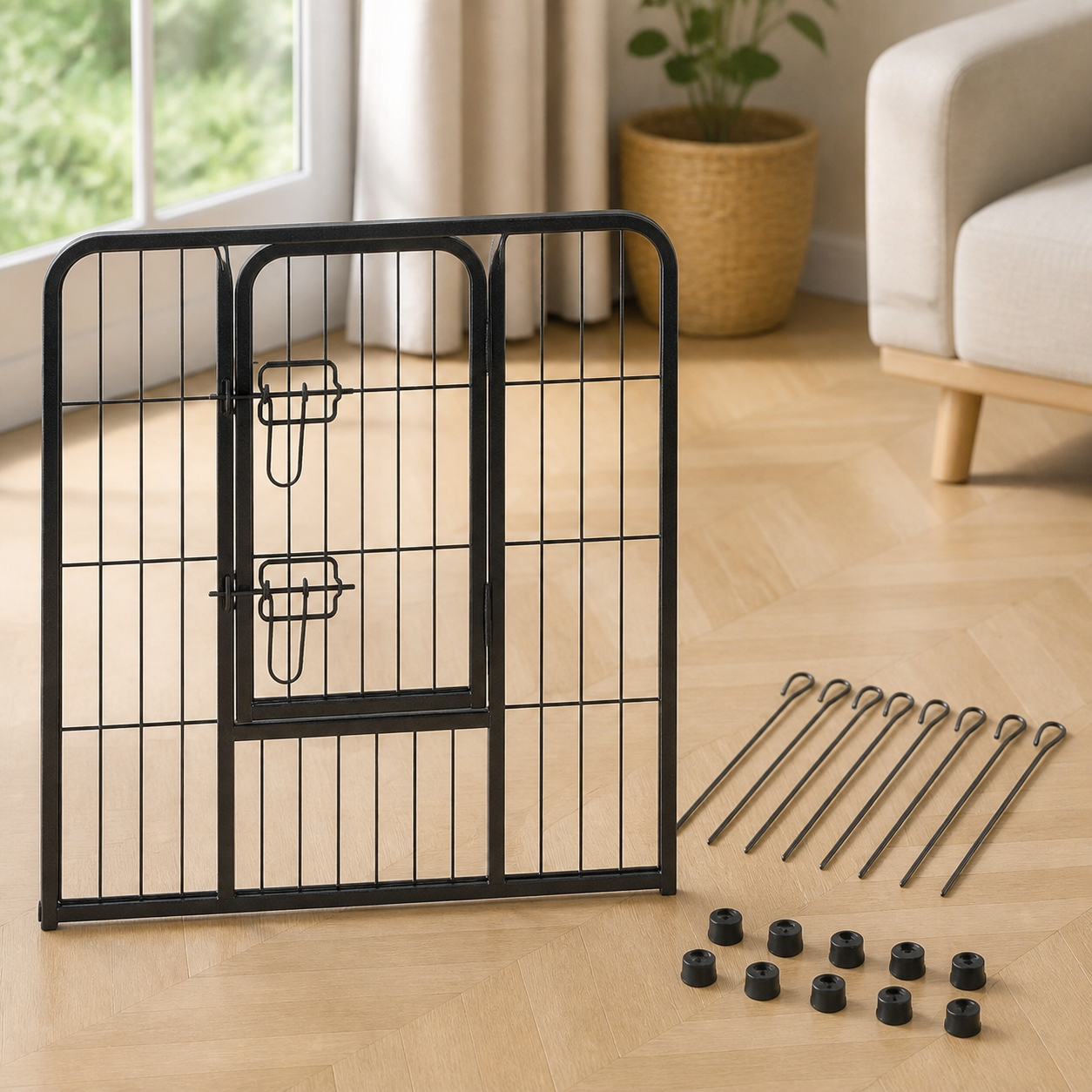 Playpen door panel, stakes and floor feet